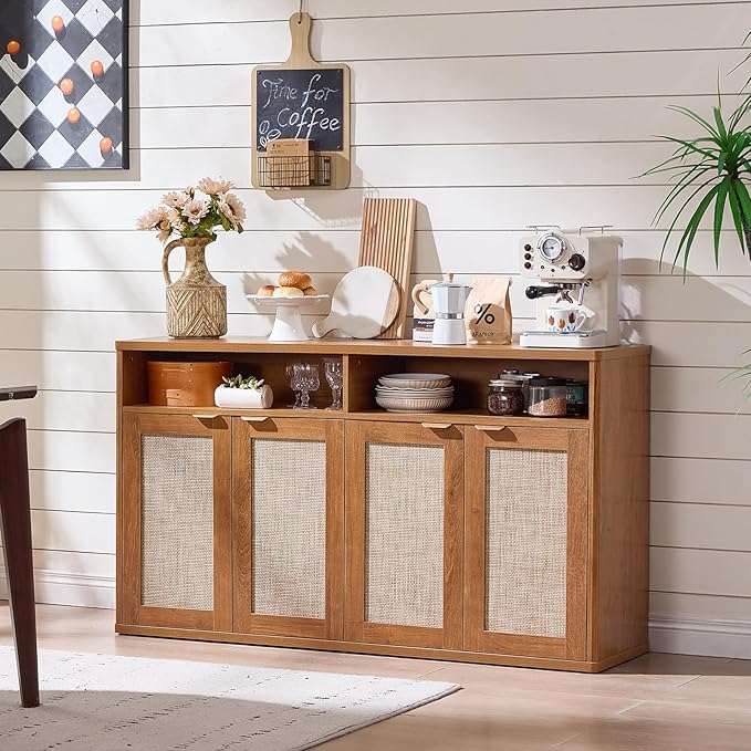 LEYAOYAO Rattan Sideboard Buffet Cabinet,55" Coffee Bar Cabinet with 4 Doors & Open Storage Shelf,Modern Credenza Console Table for Living Room Rattan Farmhouse entryway Brown