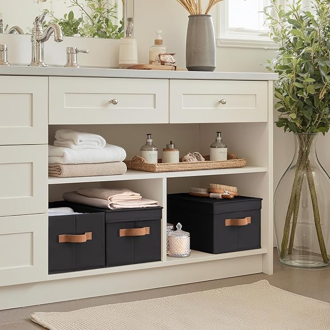 StorageWorks Large Storage Bins with Lids, Decorative Storage Boxes with Lid and PU Handles, Foldable Storage Baskets for Closet, Shelves, Stackable, Black, 3-Pack