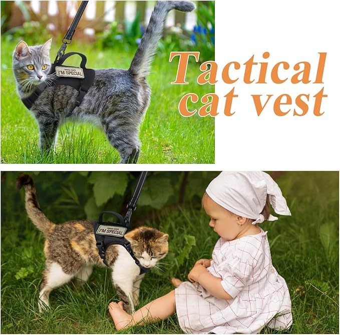 Tactical Cat Harness for Walking Escape Proof, Soft Mesh Adjustable Pet Vest Harness for Large Cat, Small Dog and Khaki (Black, Medium)