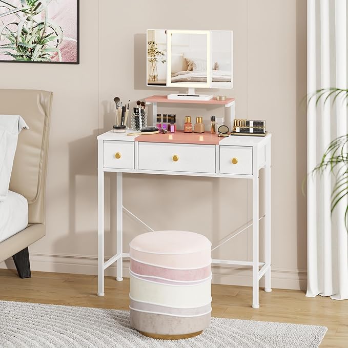 Small Makeup Vanity Desk 27.5''W with Mirror and Lights, Vanity Desk with 3 Fabric Drawers and Height-Adjustable Stand, Vanity Table for Girls Gifts, Bedroom and Small Spaces, White&Pink