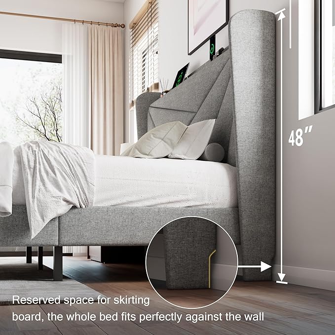 Queen Size Upholstered Bed Frame with Charging Station, Platform Bed Frame with Storage Headboard, Solid Wood Slats Support, No Box Spring Needed, Light Gray