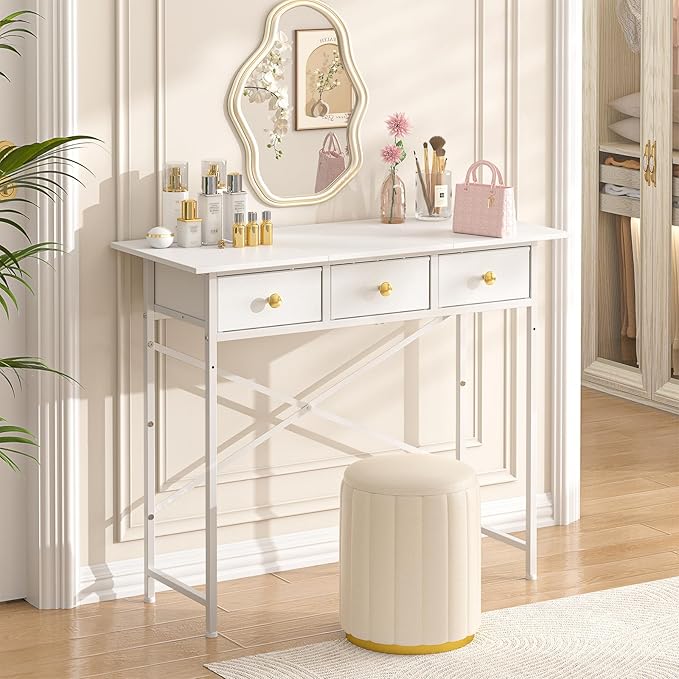 Small Makeup Vanity Desk No Mirror, 37.2 Inch Vanity Desk with 3 Drawers, Girls Vanity Dressing Table for Bedroom, Small Vanity for Small Spaces, White