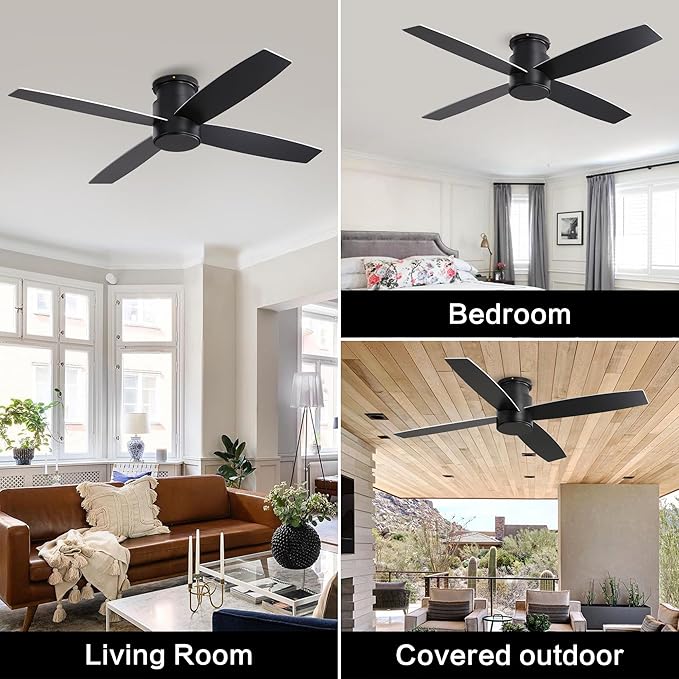 WINGBO 52" Flush Mount DC Ceiling Fan without Lights, 4 Reversible Blades, Ultra Quiet 6-Speed DC Motor, Hugger Low Profile Indoor Ceiling Fan No Lights, Matte Black Finish