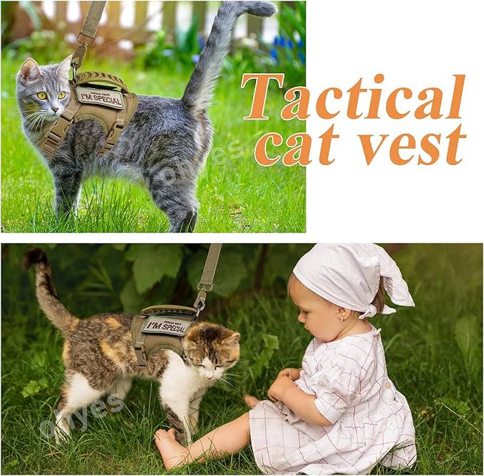 Tactical Cat Harness for Walking Escape Proof, Soft Mesh Adjustable Pet Vest Harness for Large Cat, Small Dog and Khaki…
