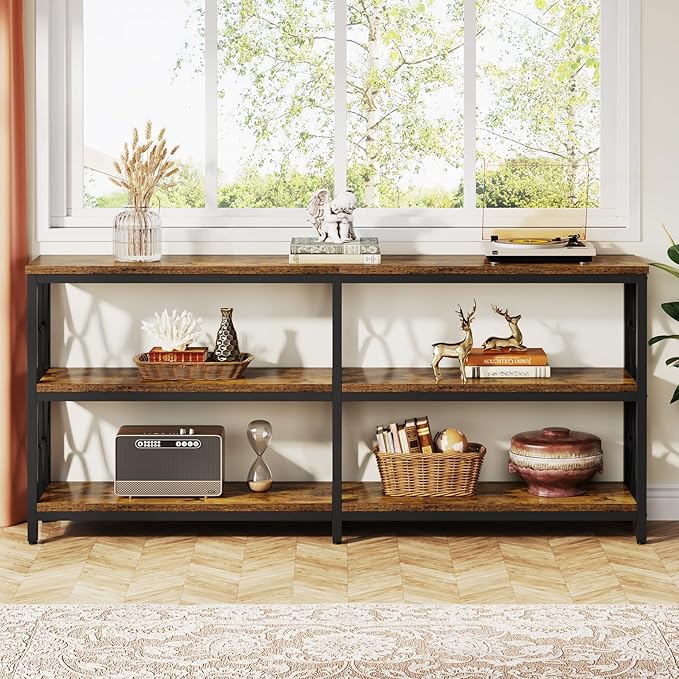 LITTLE TREE Console Table with Storage Shelves, 70.9" Industrial 3-Tier Sofa Table for Living Room, Long Foyer Table Entryway Table for Hallway, Front Door, Entrance, Rustic Brown & Black