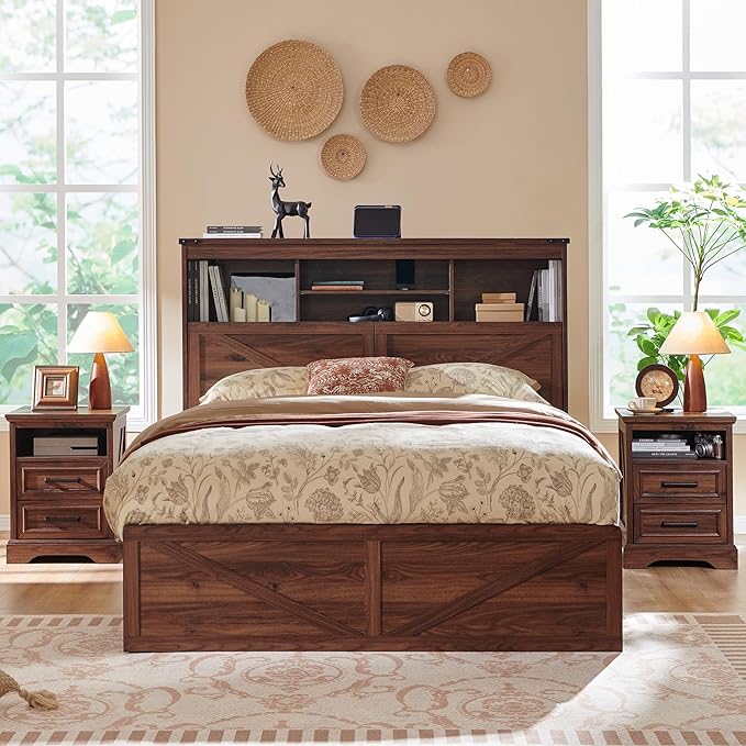 ACCOHOHO Farmhouse Queen Size Bed Frame with 52" Tall Storage Headboard and LED Light,Wood Platform Bed Frame with 4 Drawers and Charging Station,Solid Wood Slats Support,No Box Spring Needed,Brown