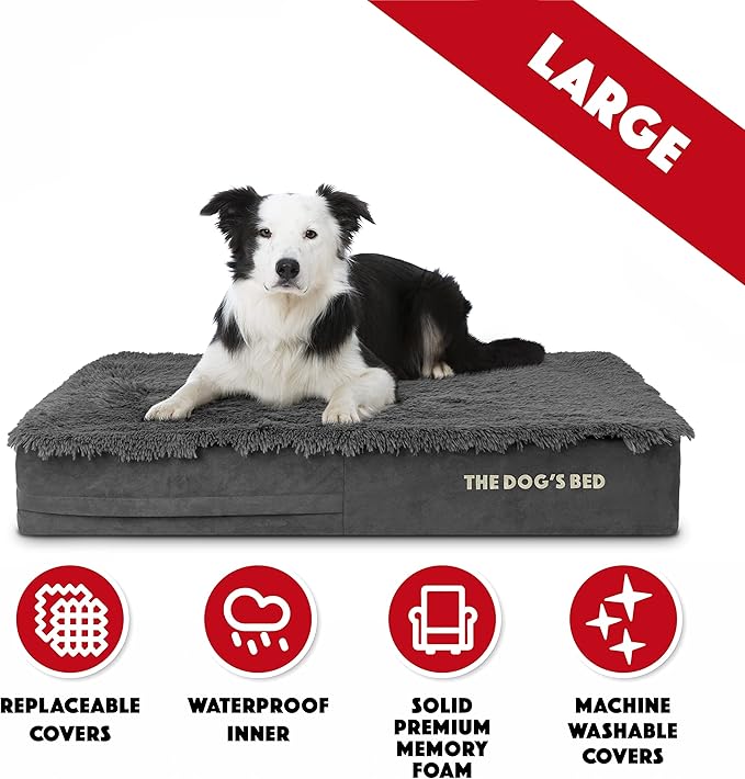 The Dog’s Bed Orthopedic Memory Foam Dog Bed, Large Grey Fur 40x25, Pain Relief for Arthritis, Hip & Elbow Dysplasia, Post Surgery, Lameness, Supportive, Calming, Waterproof Cover
