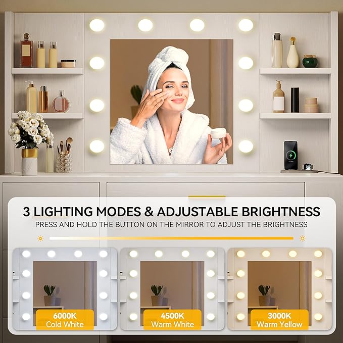 DWVO Vanity Desk with Mirror, Power Outlet and 10 Lights, 40" Big Vanity Makeup Table with 4 Drawers and 8 Open Storage Shelves, 3 Color Modes Adjustable Brightness for Bedroom, White