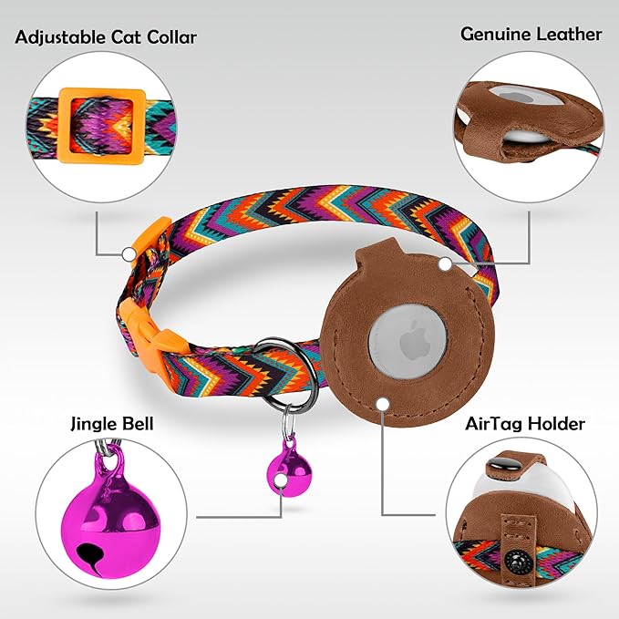 Airtag Cat Collar with Bell - Non Breakaway Soft Pet Collar with Leather Air Tag Holder - Adjustable GPS Anti-Lost Collars for Girl Boy Cats Kitten Puppies, Lightweight and Patterned (Arrows)