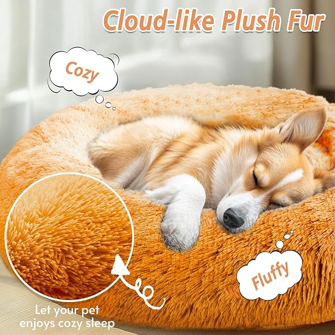 JOLLYVOGUE Calming Dog & Cat Bed for Large Dogs, Anti-Anxiety Donut Cuddler Cozy Soft Round Bed with Anti-Slip Bottom, Fluffy Faux Fur Plush Cushion Beds for Medium Dogs (36")