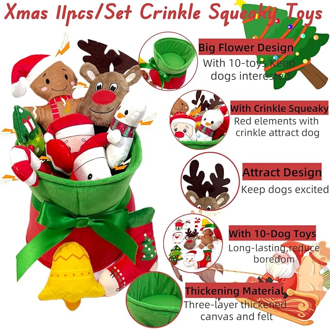 11pcs Set Christmas Dog Toys with Crinkle Flower Toys, Xmas Interactive Plush Dog Toys, Dog Enrichment Chew to Keep Them Busy, Dog Toy for Small Medium Large Puppuy Size