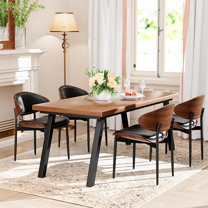 Dining Chairs Set of 4, Dining Room and Kitchen Chairs, Mid Century Modern Retro Chair, Upholstered PU Leather Chairs for Vanity with Walnut Bentwood and Metal Legs (Black)