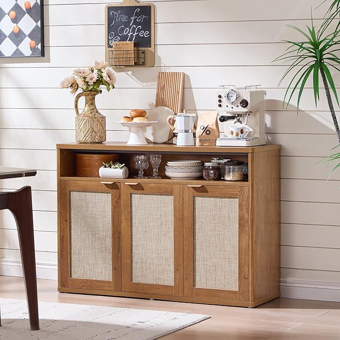 LEYAOYAO Rattan Sideboard Buffet Cabinet,45" Coffee Bar Cabinet with 3 Doors & Open Storage Shelf,Modern Credenza Console Table for Living Room Rattan Farmhouse entryway Brown
