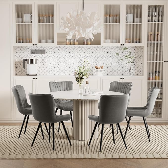 Dining Chair Set of 6 PU Leather Dining Room Chairs Upholstered Comfy Dining Chairs,Modern Kitchen Armless Side Chair with Sturdy Metal Legs,Grey