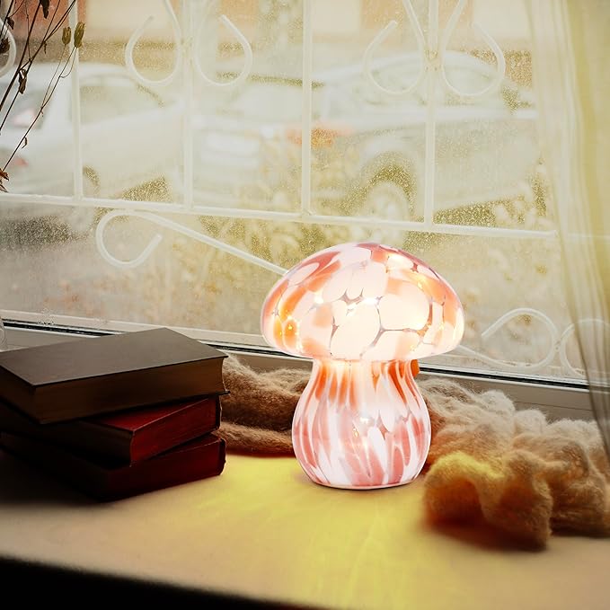 Glass Mushroom Table Lamp, 5.9" Cute LED Night Light for Home Decor, Battery Operated (3 AA), Modern Ambient Light for Living Room Bedroom Office Light Pink