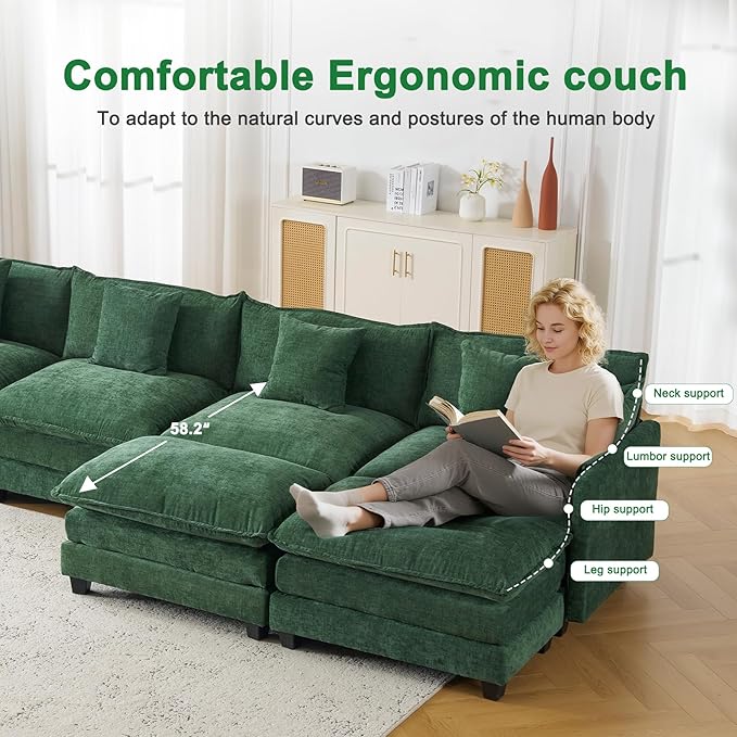 111.4" U Shaped Cloud Couch Sectional with 2 Ottoman|Modular Chenille Sofa with 29.1" Deep Seat|FSC Solid Wood Frame|Easy Assembly & 1YR Guarantee|for Living Room Bedroom Apartment