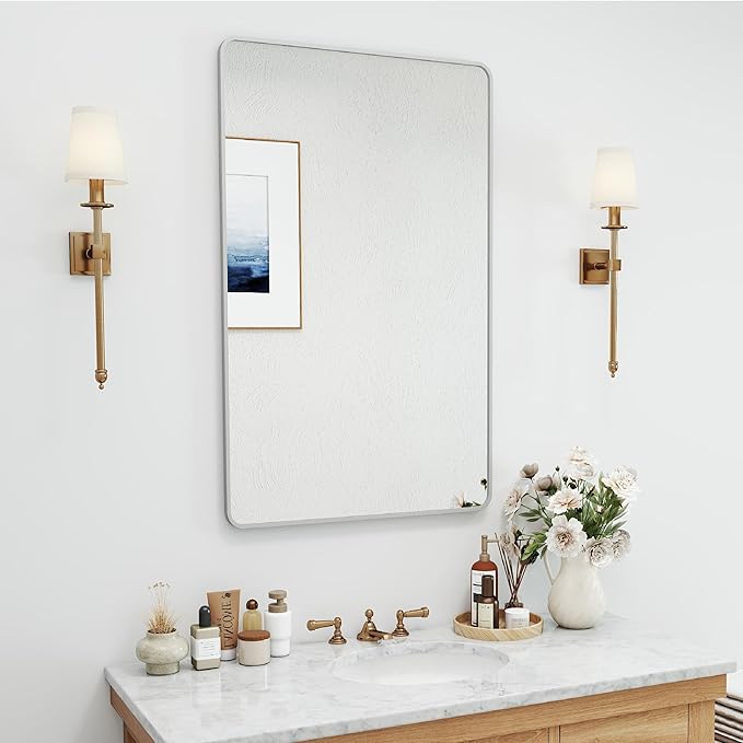 24x36 Mirror Rectangle Full Length Wall Mounted Hanging or Against Wall Metal Frame Dressing Make-up Mirrors for Entryway Bedroom Bathroom Living Room 24 36 36x24 inch Silver