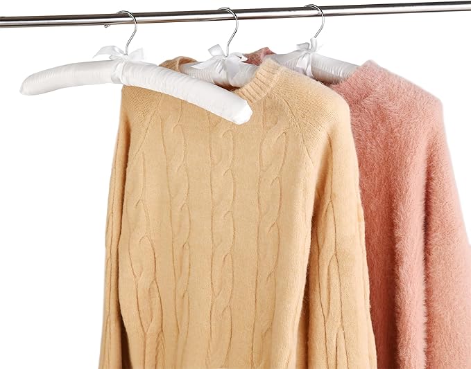 Pure White Satin Padded Sweater Hangers 10 Pack, Blouse Hanger with Thick & Soft Foam for Bridal Wedding Dress Lingerie, Smooth Silk Covered Shirt Hanger Without Shoulder Bump