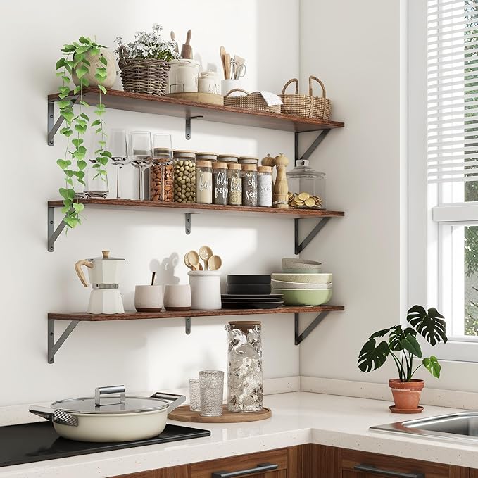 Axeman 40 Inch Floating Shelves | 8 Inch Deep Walnut Wall Shelves Set of 2 | 39.4W x 8D Rustic Wood Shelves for Bookshelf Living Room Bedroom Home Office Bathroom