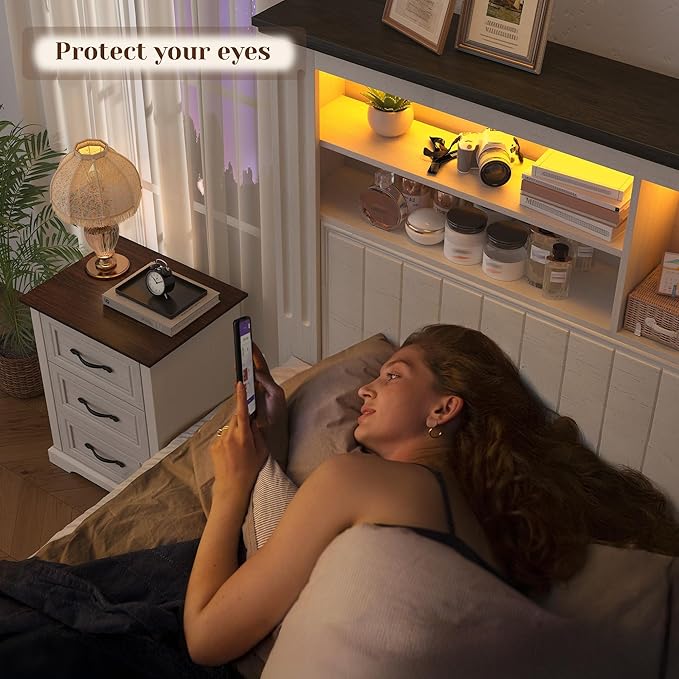 EnHomee Queen Bed Frame with Headboard and Storage, 4 Drawers and LED Built in Charging Station Bed Frame Queen Size with Storage Farmhouse, NO Noise,No Box Spring Needed, White