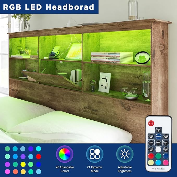 AMERLIFE King Size Bed Frame Wooden Platform Bed with 51.2" Storage LED Bookcase Headboard, Charging Station & 4 Storage Drawers/No Box Spring Needed/Noise Free/Rustic Brown