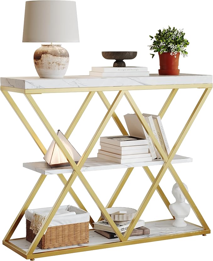 Garvee 3-Tier Entryway Table, Industrial Console Sofa Table with Storage, Accent Table with Open Shelves, X-Shaped Metal Frame, Foyer Table for Entryway, Hallway, White