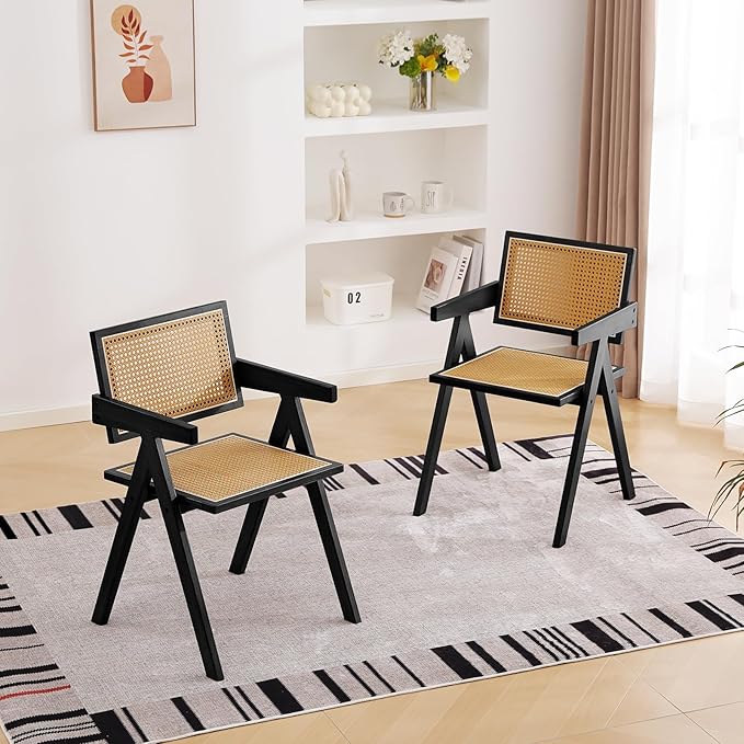 Tiita Rattan Accent Chairs, Mid Century Modern Dining Chairs Set of 2, Bamboo Living Room Chair for Reading Room Dining Kitchen, Black