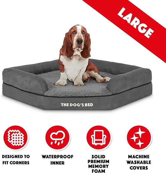 The Dog’s Bed Memory Foam Waterproof Corner Dog Bed, Large, Grey Plush, Eases Pet Arthritis & Hip Dysplasia Pain, Therapeutic & Supportive, Washable Plush Fabric Cover