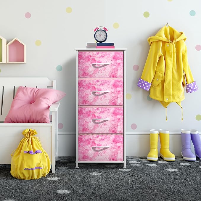 Sorbus Dresser Storage Tower, Organizer Drawers for Closet Boys & Girls Bedroom, Bedside Furniture, Chest for Home, College Dorm, Steel Frame, Wood Top, Tie-dye Fabric Bins(4-Drawer, Pink)