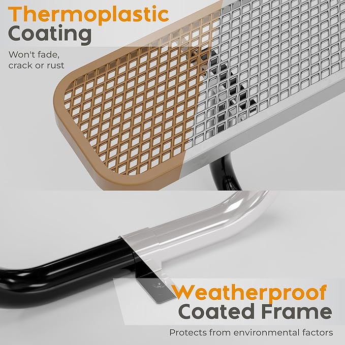 Metal Picnic Tables for Outdoors with Umbrella Hole - Coated Steel Heavy Duty Commercial Grade Furniture with Adjustable Seats (Brown, 46 in, Square with Back, Expanded Steel)