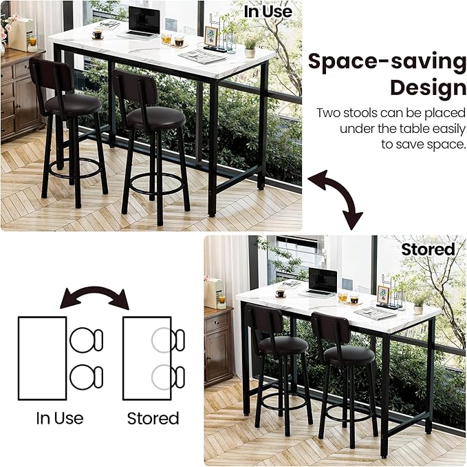 DKLGG 47" Rectangle Dining Table Set for 2 With MDF Tabletop & PU Leather Chairs - Bar Pub Set for Small Space Kitchen, Living Room, Apartment, White