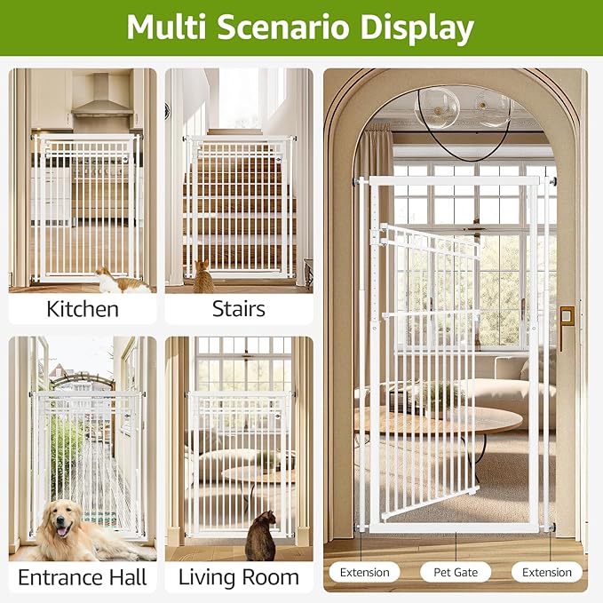 78.8" Extra Tall Cat Gate, 28.3-33" Wide Safety Metal Cat Door, Pressure Mounted Easy Walk Through Pet Gate with Door for Stairs, Doorways (White)