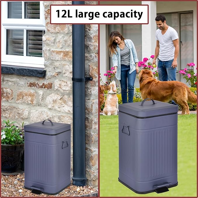 Dog Poop Trash Can with Lid for Outdoors,3.2 Gallon Trash Can with Activated Carbon Filter & Plastic Bags, Pet Waste Container,UP12L-GY-F+90BK