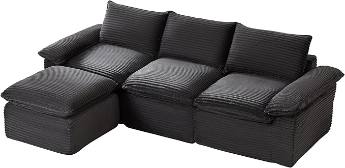 111" Cloud Sectional Couch with L-Shaped Chaise, Corduroy Sectional Sofa with Ottoman, Boneless Couch with Deep Seat in a Box for Living Room, No Assembly Required (Dark Grey)