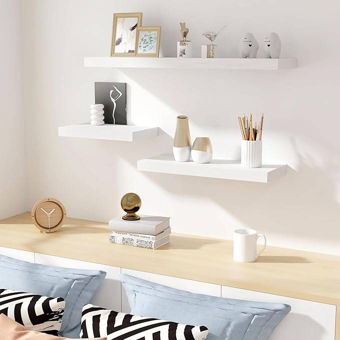 Fun Memories Deep Floating Shelves - 16" W x 9.3" D x 1.6" H Rustic White Wall Shelf - Wall Mounted Shelves for Storage - Wooden Shelves with Invisible Brackets for Living Room, Farmhouse - Set of 2