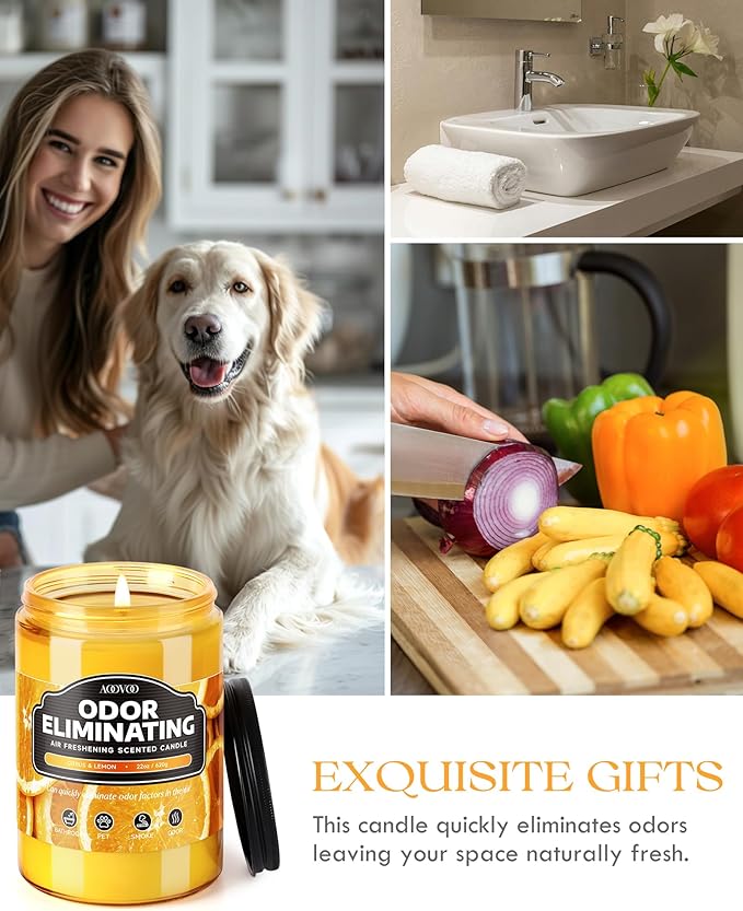 AOOVOO Citrus Lemon Large Odor Eliminating Highly Fragranced Candle - Eliminates 95% of Pet, Smoke, Food, and Other Smells Quickly, Air Freshing Soy Candle, 22 oz Up to 110 Hours Burn time