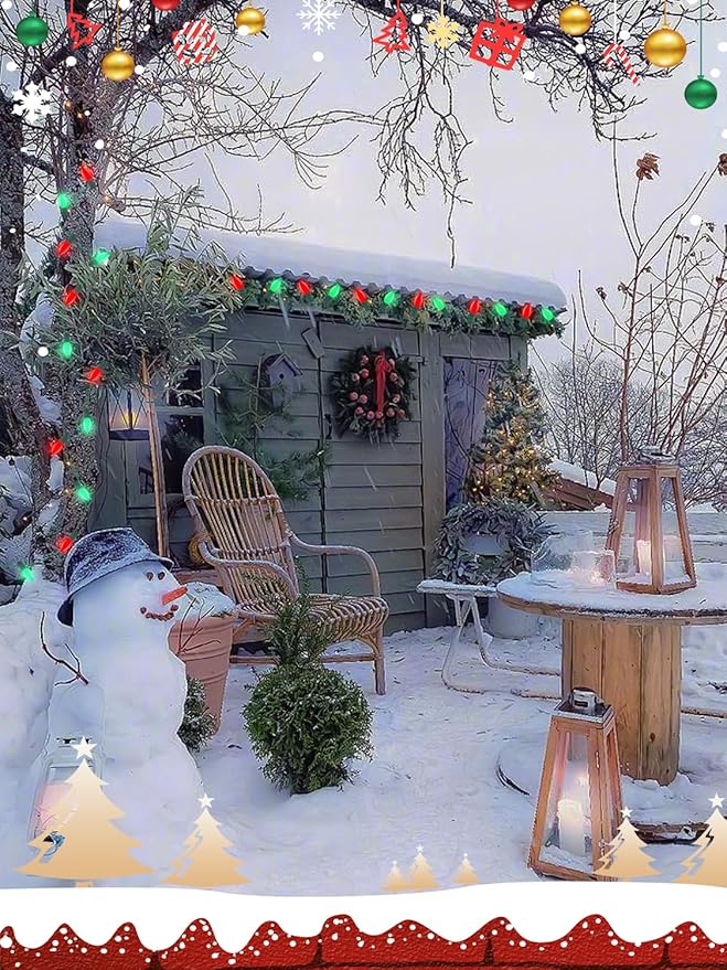 25ft Christmas Lights Outdoor, C7 Vintage Christmas String Lights with 27 Red Green Ceramic Bulbs(2 Spare), Hanging Patio String Lights for Holidays Christmas Party Wedding Decorations, Green Wire