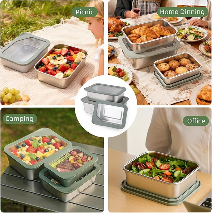 Meal Prep Containers, 3 Size-21/40/74oz Glass Food Storage Containers with Leak Proof Airtight Lids, Stainless Steel Bento Lunch Boxes, Kitchen Storage for Oven, Freezer, Dishwasher