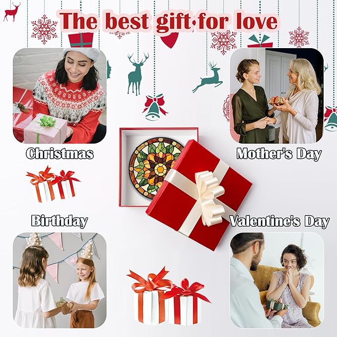 Stained Glass Window Hanging - Yellow Green Boho Style Flowers Sun Catcher for Door Garden Home Decor Suncatcher Christmas Mother's Day Birthday Gifts for Women Mom Girl Nana Friend 6.3 in