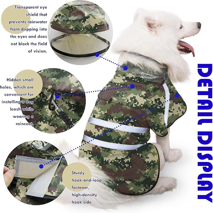 Dog Raincoat, Adjustable Dog Rain Jacket with Clear Hooded Double Layer for Large Medium Small Dogs Puppies, Waterproof Rain Coat Poncho Mosaic Camouflage, Green-L