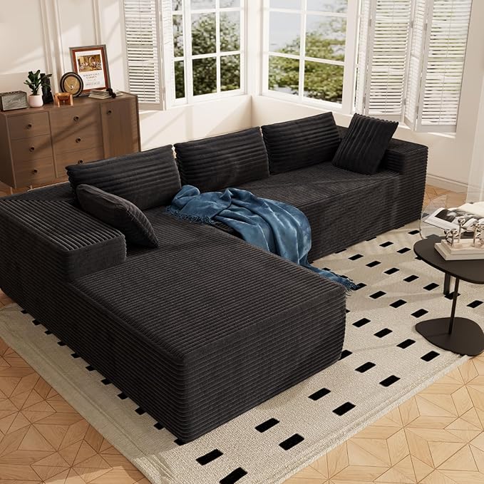 105.5" Modular Sectional Sofa L Shape for Bedroom, Modular Cloud Sofa with Deep Seat for Living Room, Upholstered Couches No Assembly Required Black, Left Facing Chaise