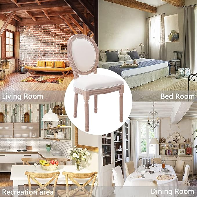 Nrizc French Dining Chairs Set of 6, French Country Dining Chair, Vintage Farmhouse Dining Chairs with Round Back, Solid Wood Beige Fabric Dining Room Chairs, for Kitchen, Bedroom, Dining Room