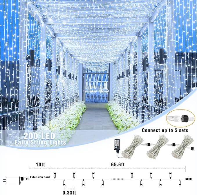 200 LED Christmas String Lights 66ft White Christmas Lights Outdoor Clear Wire Waterproof 8 Modes Connectable Twinkle Fairy String Lights Plug in for Bedroom Room Wedding Decorations, Cool White