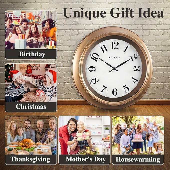 CLXEAST 18 Inch Glow in The Dark Wall Clocks for Living Room Decor, Large Illuminated Gold Wall Clock,Antique Brushed Gold,House Warming Gifts New Home