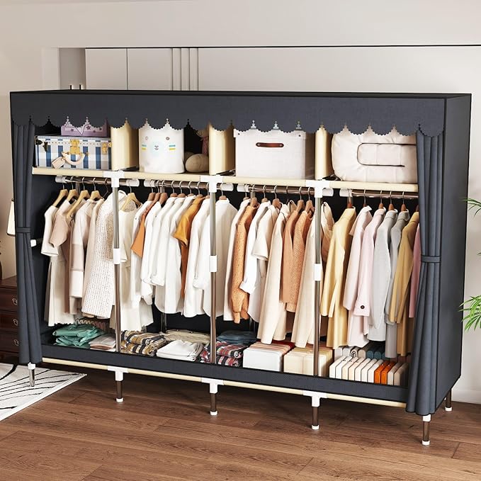 Portable Wardrobe Closet Durable and Easy to Assemble Heavy Duty Clothes Rack with Non-Woven Cover Fabric Best for Bedroom and Easy Storage and Organization (Grey-B)