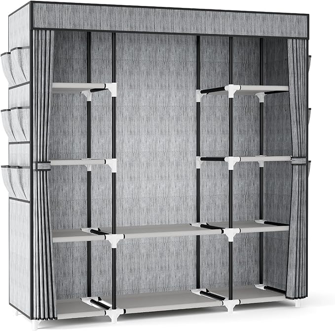 VTRIN Portable Closet Wardrobe for Hanging Clothes 57.3 Inch Large Capacity Clothes Rack with Cover, 10 Storage Organizer Shelves, 1 Hanging Rods and 6 Pockets, Free Standing Closet, Printing
