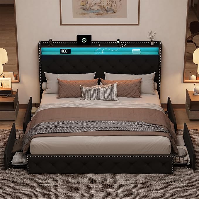 BRELTAM King Size Bed Frame with 4 Storage Drawers Upholstered Velvet Bed Frame with LED and Charging Station,Platform Bed Frame with Headboard Heavy Duty Wood Slats,Noise Free,Easy Assembly,Black