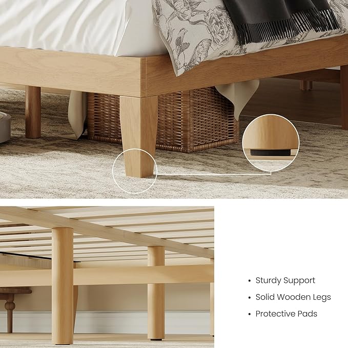 King Size Wood Platform Bed Frame, 12 Inch Solid Wood Bed Frame with Wooden Slats, No Box Spring Needed, Easy Assembly, Rustic Pine