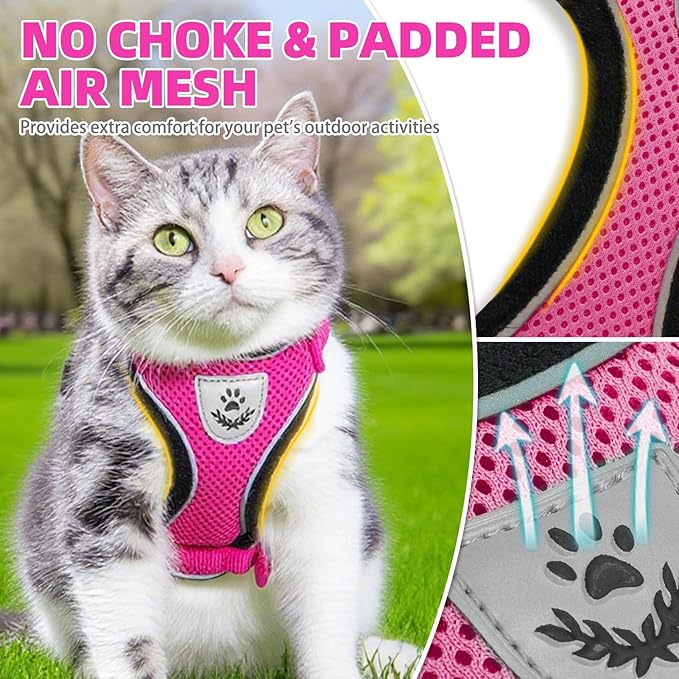 PUPTECK Cat Harness and Leash Set Escape Proof Reflective Cat Walking Harness Adjustable Soft Breathable Mesh Vest for Small Pets, Deep Pink, S