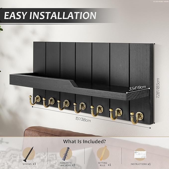 Rebee Vision Decorative Key and Mail Holder for Wall - Farmhouse 15 Inches Floating Shelf with 7 Sturdy Key Hooks for Home Entryway Wall Decor - Rustic Key Racks (Black)